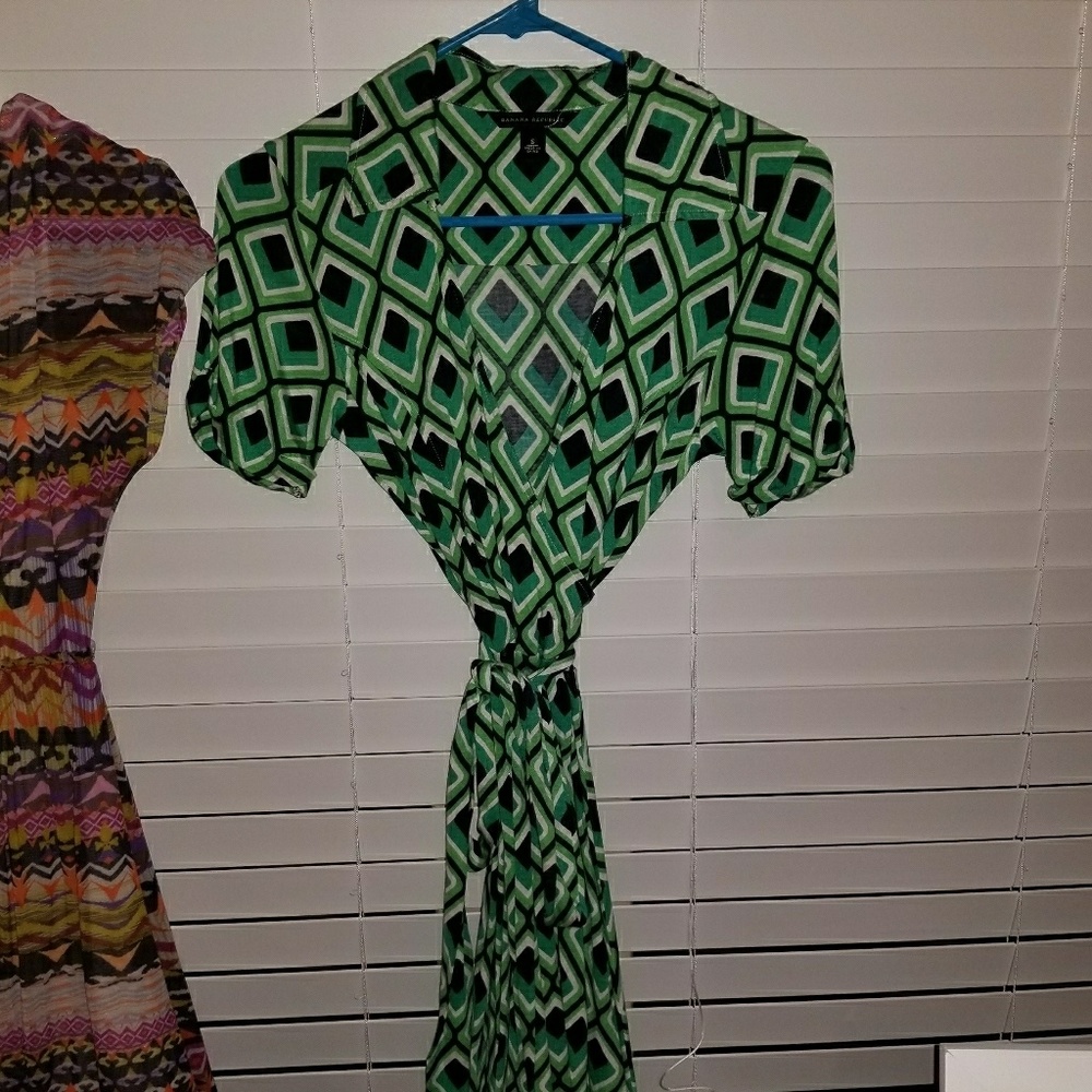Banana Republic silk/cotton blend blue green faux wrap dress, XS